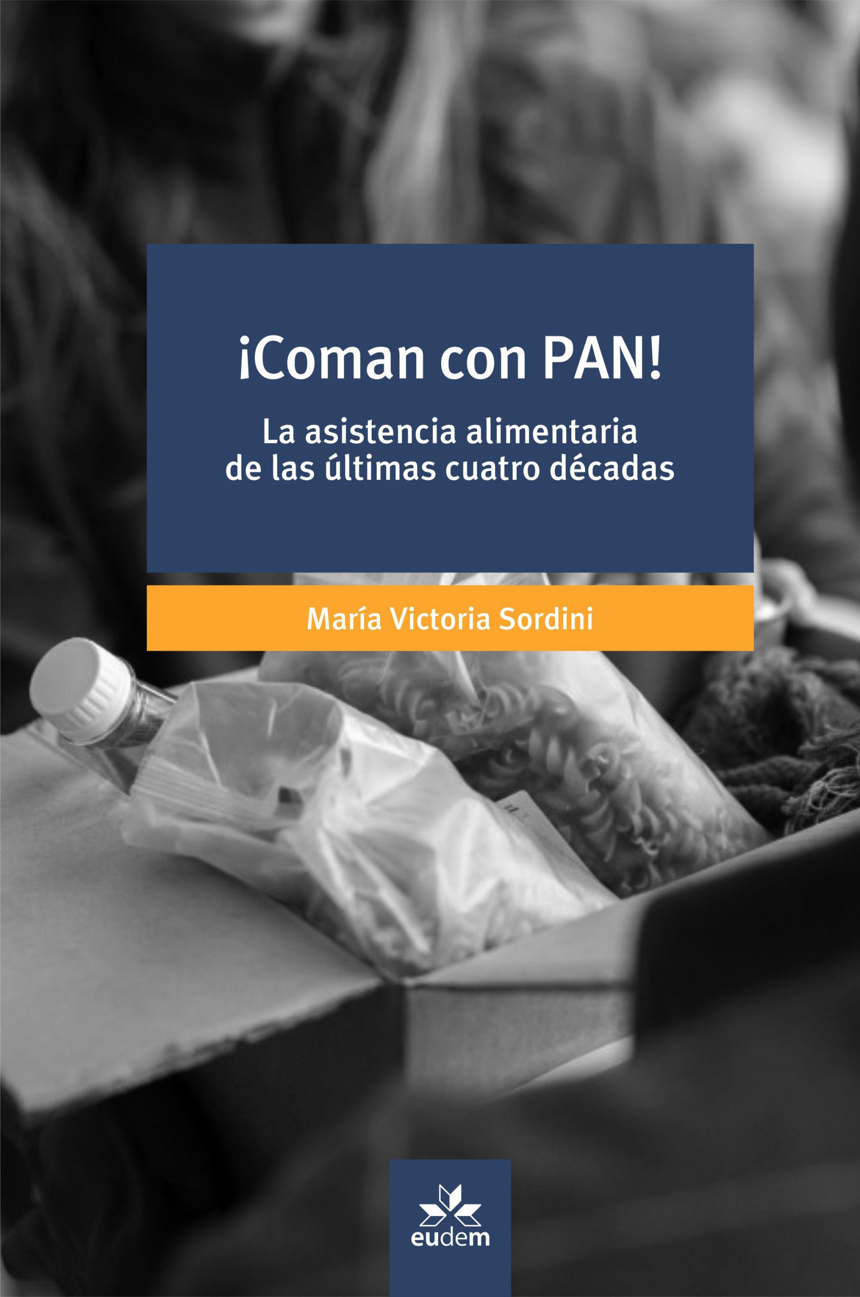 imagen de la tapa del libro ¡Coman con Pan! . Ilustra una imagen de alimentos en un chango de supermercado con un paquete de fideos tirabuzón